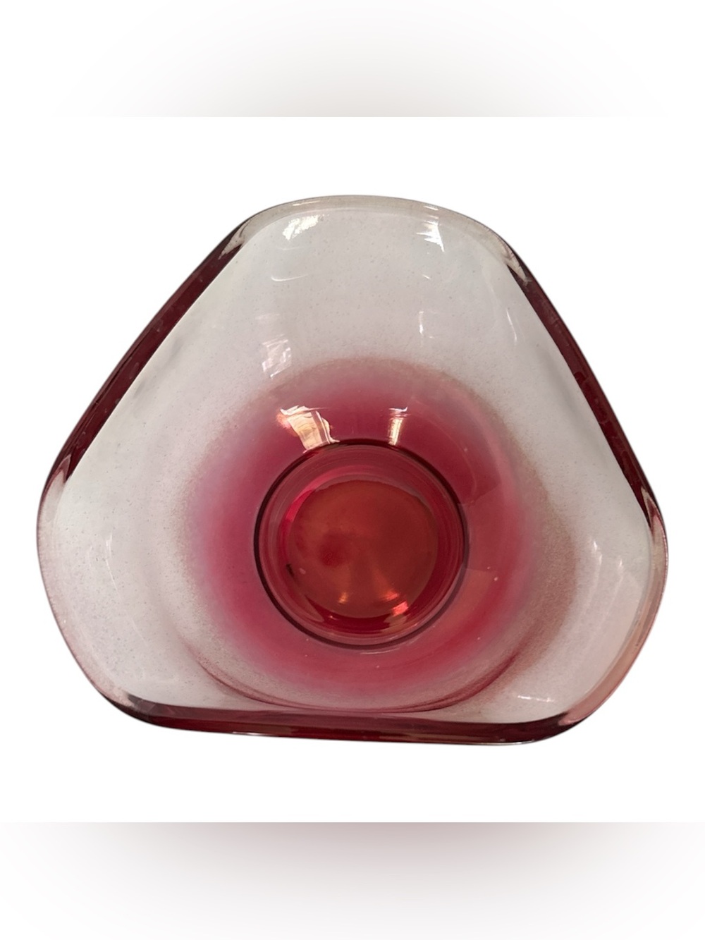 💥 VTG Anchor Hocking Cranberry Pink Tricorn Art Glass Bowl 5” MCM Freeform